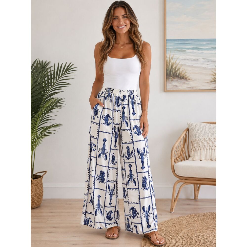 Coastal Lobster Crab Print Wide Leg Pants XL Blue White Nautical Elastic Waist